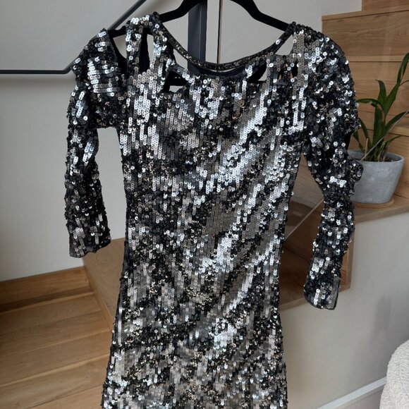Metallic Silver Sequin Cut Out Mini-Dress, Size XS/S - Picture 4 of 8